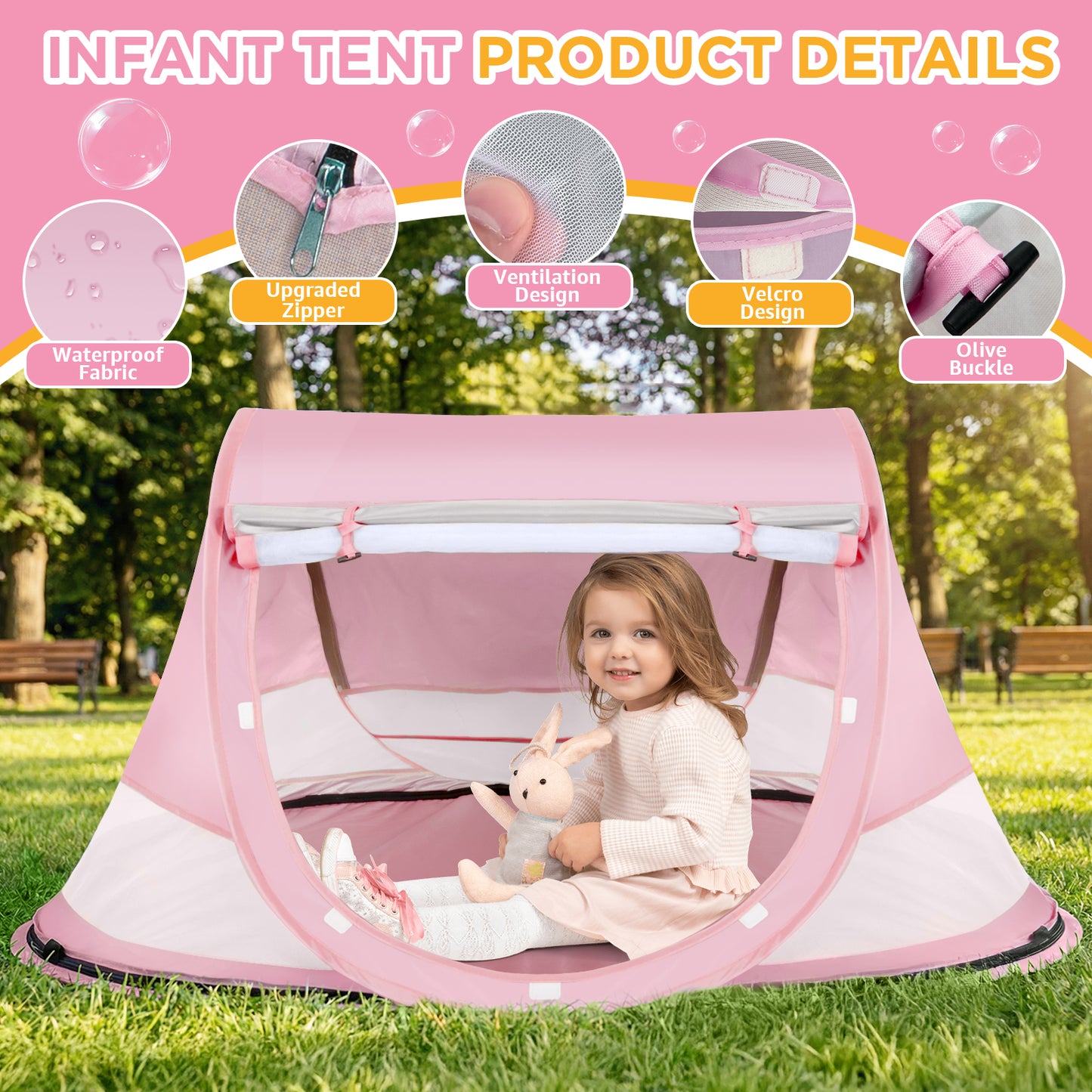 Baby Beach Tent, Pop Up Beach Tent Sun Shade for Beach, UPF 50+ UV Protection Sun Shelters for Infants with Carry Bag for Outdoor Travel, Camping