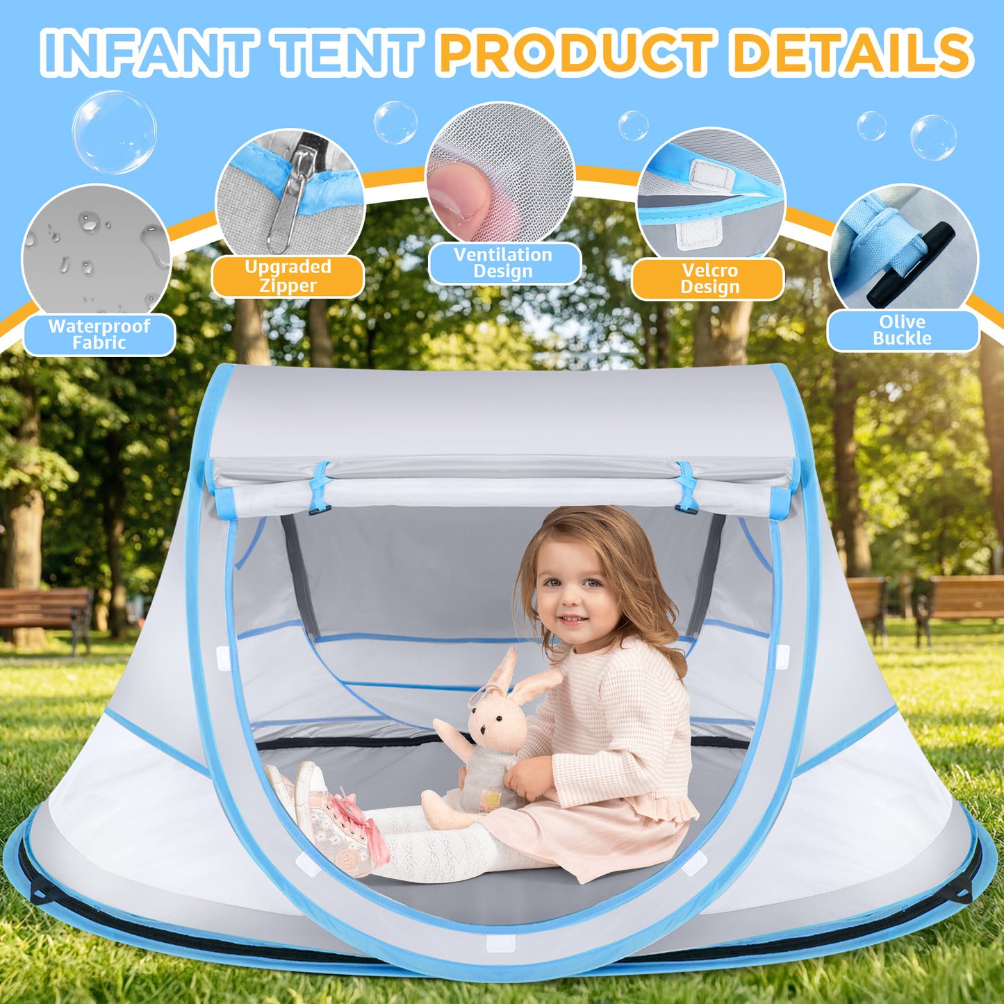Baby Beach Tent, Pop Up Beach Tent Sun Shade for Beach, UPF 50+ UV Protection Sun Shelters for Infants with Carry Bag for Outdoor Travel, Camping