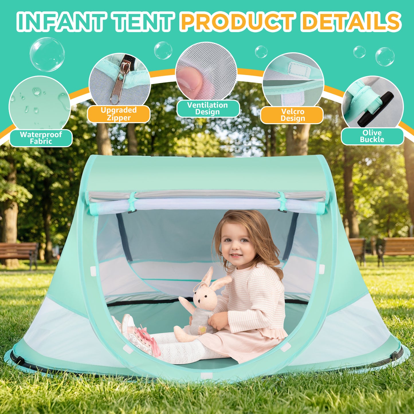 Baby Beach Tent, Pop Up Beach Tent Sun Shade for Beach, UPF 50+ UV Protection Sun Shelters for Infants with Carry Bag for Outdoor Travel, Camping