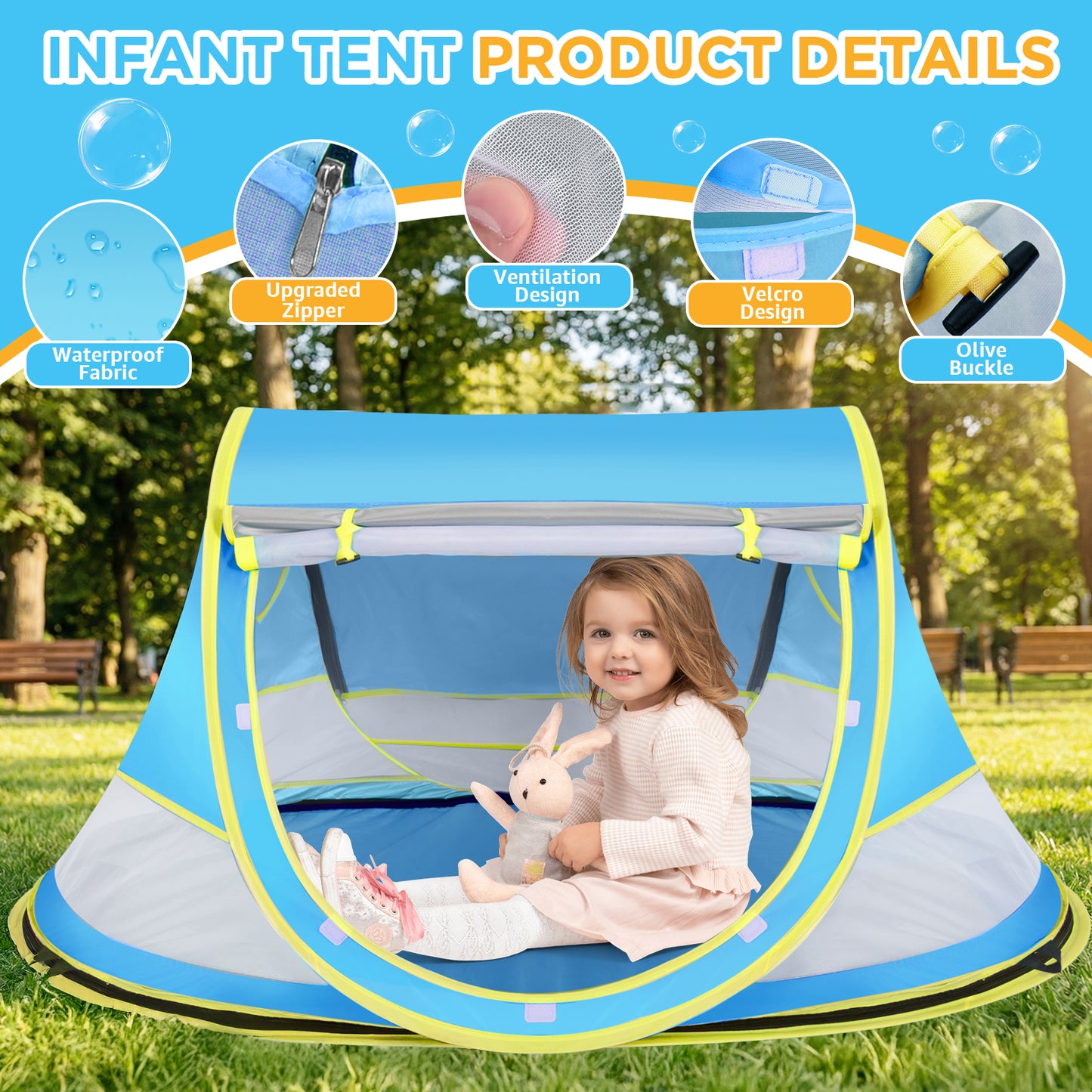 Baby Beach Tent, Pop Up Beach Tent Sun Shade for Beach, UPF 50+ UV Protection Sun Shelters for Infants with Carry Bag for Outdoor Travel, Camping