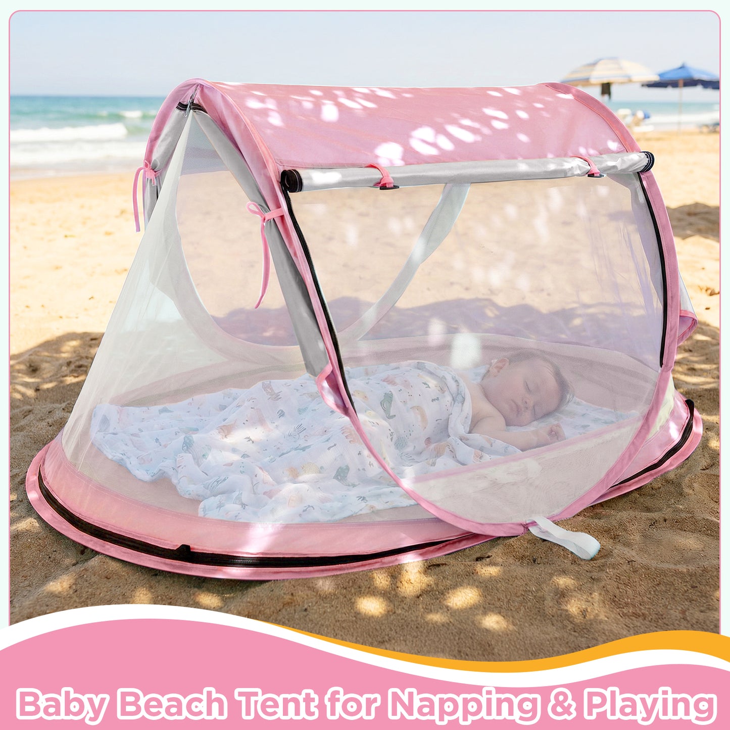 Baby Beach Tent, Pop Up Beach Tent Sun Shade for Beach, UPF 50+ UV Protection Sun Shelters for Infants with Carry Bag for Outdoor Travel, Camping