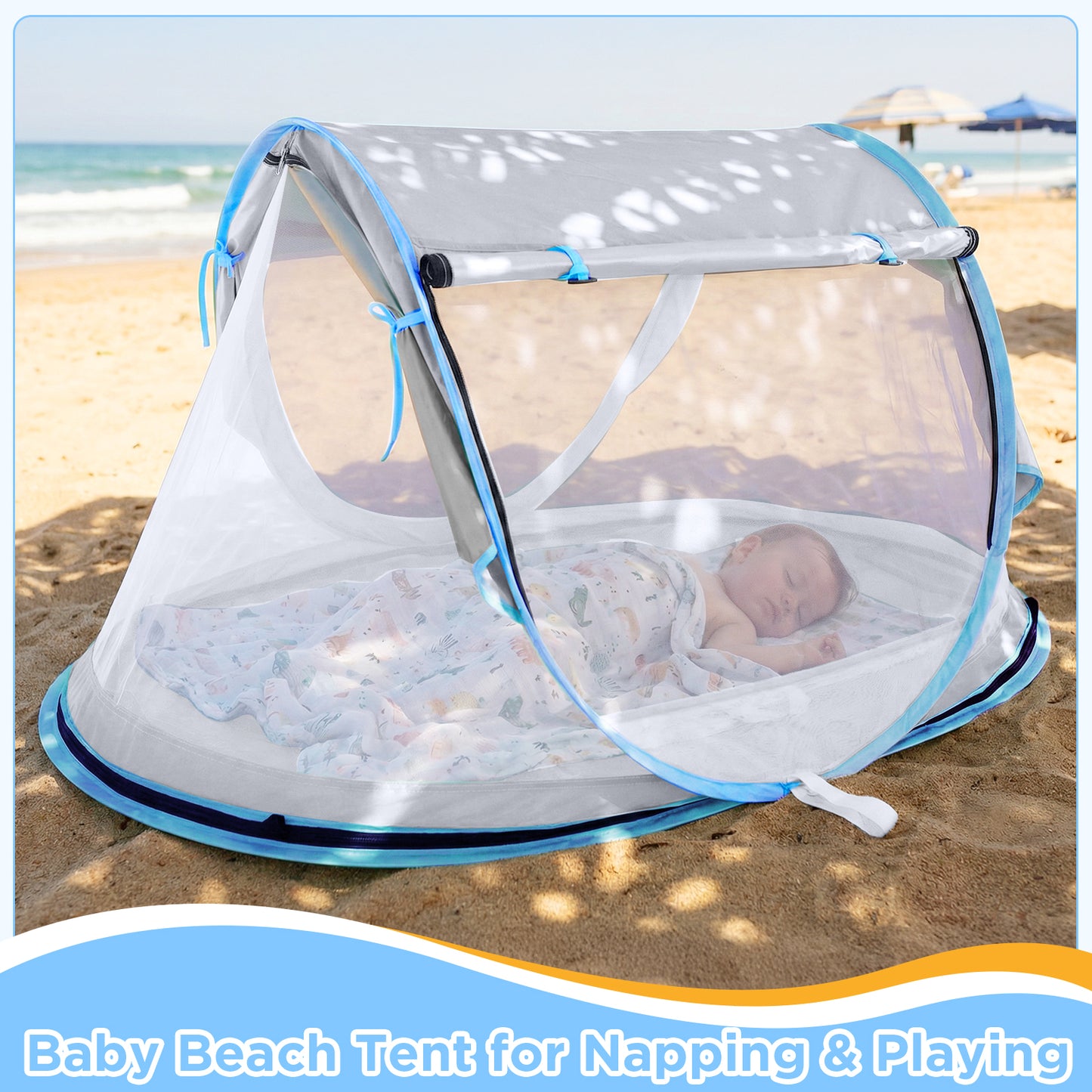 Baby Beach Tent, Pop Up Beach Tent Sun Shade for Beach, UPF 50+ UV Protection Sun Shelters for Infants with Carry Bag for Outdoor Travel, Camping