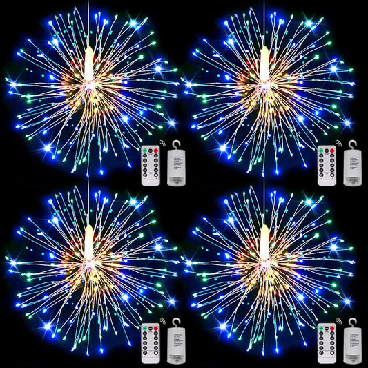 4Pack Starburst Lights 220LED Christmas Lights Copper Wire Battery Operated Hanging Sphere Lights 8Modes Remote Waterproof Stars Fairy String Lights for Wedding Christmas Decorations Warm White