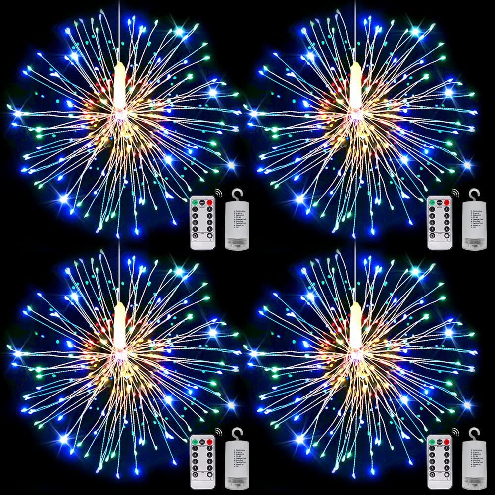 4Pack Starburst Lights 220LED Christmas Lights Copper Wire Battery Operated Hanging Sphere Lights 8Modes Remote Waterproof Stars Fairy String Lights for Wedding Christmas Decorations Warm White