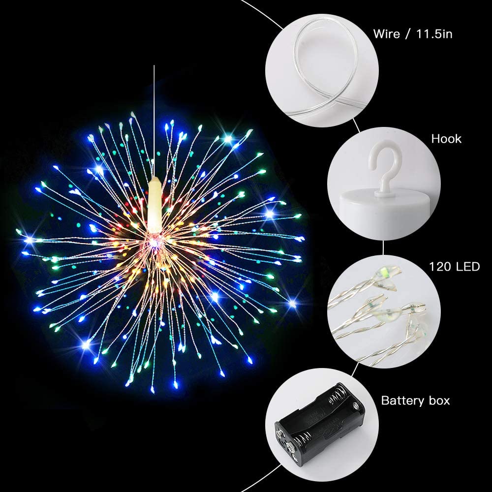 4Pack Starburst Lights 220LED Christmas Lights Copper Wire Battery Operated Hanging Sphere Lights 8Modes Remote Waterproof Stars Fairy String Lights for Wedding Christmas Decorations Warm White