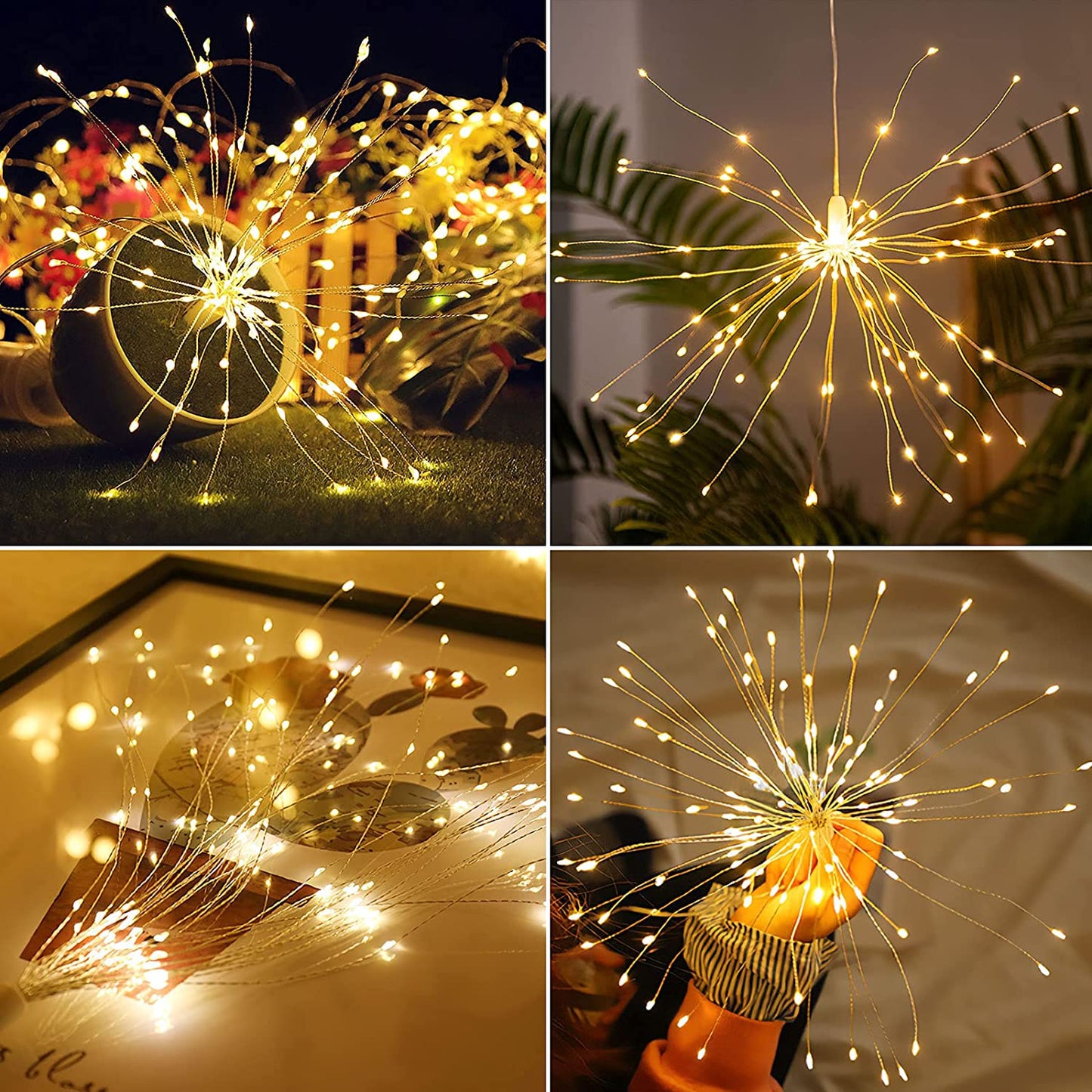 4Pack Starburst Lights 220LED Christmas Lights Copper Wire Battery Operated Hanging Sphere Lights 8Modes Remote Waterproof Stars Fairy String Lights for Wedding Christmas Decorations Warm White